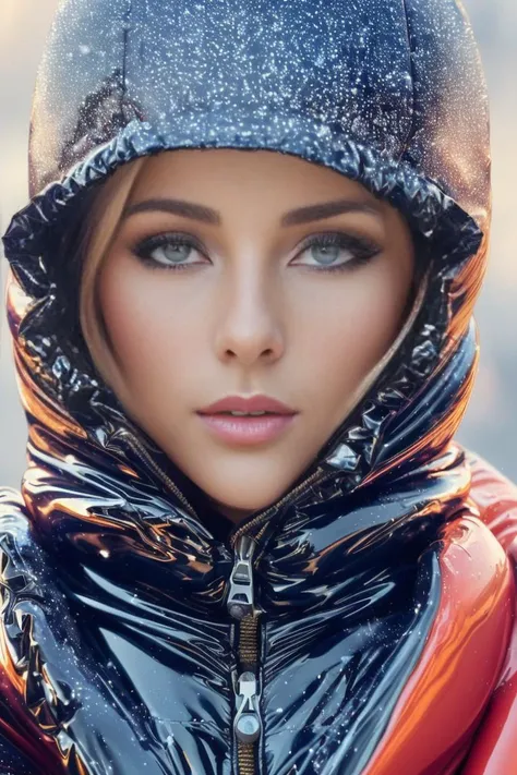 A stunning portrait of a young, blonde, slim, cute, sweet European woman, radiating elegance and beauty. She is dressed in a fashionable, collared, (colorful), (shiny and glossy), (puffer down jacket). ((Very High Yoked)), (((full zippped up yoke, jackets yoke covering lower face))). The lighting is soft, highlighting her features and emphasizing the high glossy texture of her clothes. Cinematic lighting, very cold, lite snowing, high resolution, winter fashion, realistic shading, digital painting, artstation, sweetest, cutest, ((tempting)). close up shot. by Parkasite. <lora:Parkasite_v10:0.5>