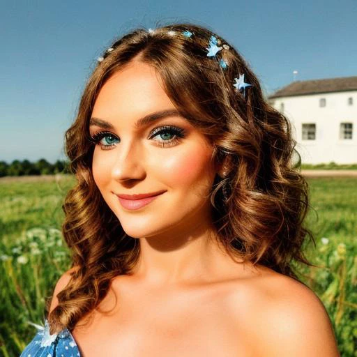 <lora:more_details:0.55>, <lora:Elixir:0.5>, <lora:Lomo Fisheye:0.75>, <lora:curls_hairstyle-10:0.4>, <lora:st4rdr3ss:0.7>, masterpiece, best quality, 1girl, solo, (picture-perfect face), (perfect face), Sexy women with smooth, porcelain skin and long toasted almond hair.), (curls_hairstyle:1.2), (She is wearing a st4rdr3ss, long blue dress, bare shoulders, starry sky print.) She has light green eyes and has a rewarding smile. She is wearing strappy heels. She is standing in a meadow posing for the camera. (full body), Nikon 28mm