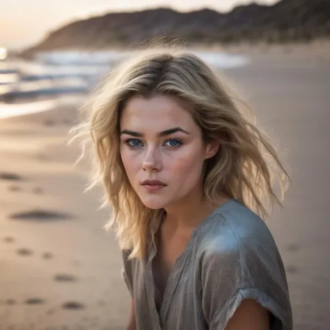 rachaeltaylor (sharp focus:1.2), photo, attractive woman, (beautiful face:1.1), detailed eyes, luscious lips, (cat eye makeup:0.85), (large eyes:1.0), (toned body:1.2), (long hair:1.2), busty, wearing (romper:1.2) on a (beach:1.2).(arms behind head:1.2), (moody lighting:1.2), depth of field, bokeh, 4K, HDR. by (James C. Christensen:1.2|Jeremy Lipking:1.1), body freckles, beautiful eyes, beauty marks, sandy skin, sand on skin, <lora:rachaeltaylor_sdxlr_resized:1>