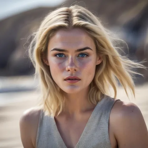 rachaeltaylor (sharp focus:1.2), photo, attractive woman, (beautiful face:1.1), detailed eyes, luscious lips, (cat eye makeup:0.85), (large eyes:1.0), (toned body:1.2), (long hair:1.2), busty, wearing (romper:1.2) on a (beach:1.2).(arms behind head:1.2), (moody lighting:1.2), depth of field, bokeh, 4K, HDR. by (James C. Christensen:1.2|Jeremy Lipking:1.1), body freckles, beautiful eyes, beauty marks, sandy skin, sand on skin, <lora:rachaeltaylor_sdxlr_resized:1>