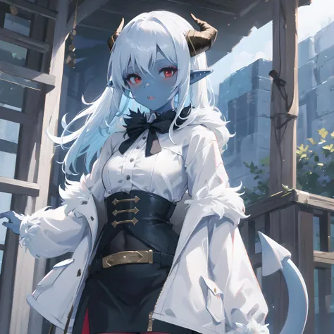 1girl, masterpiece, best quality, ((blue skin)), solo, white hair, tail, horns, pointy ear, red eyes, long hair, fur trim, white fur trim, black coat, white shirt, black skirt, adventurer outfit, explorer oufit, bandolier <lora:wakfu-osa:0.9>