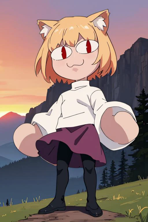 (masterpiece, best quality:1.2), <lora:invincible:1> invincible, <lora:necoarc:1>, necoarc, slit pupils, cat ears, blonde hair, red eyes, chibi, 1girl, solo, white turtleneck, purple skirt, pantyhose, outdoors, mountain, sunrise, orange sky, wind