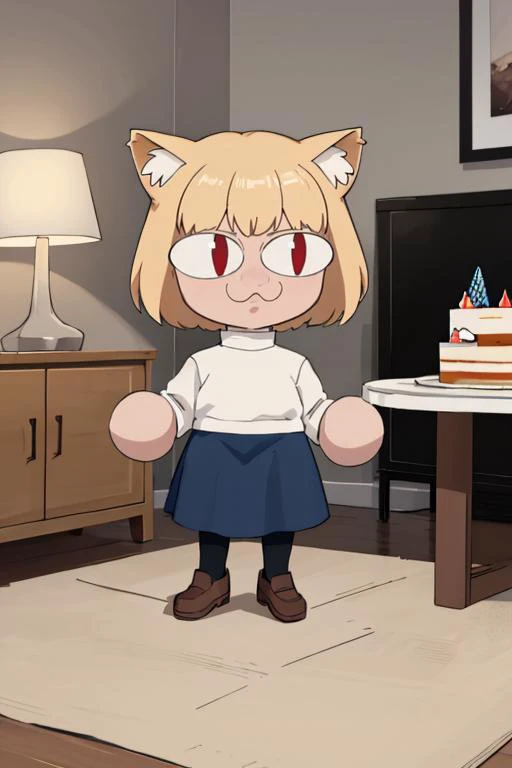 (masterpiece, best quality:1.2), <lora:invincible:1> invincible, <lora:necoarc:1>, necoarc, slit pupils, cat ears, blonde hair, red eyes, chibi, 1girl, solo, white turtleneck, blue skirt, pleated skirt, brown footwear, pantyhose, indoors, party, lights, balloons, cake, table, living room, looking at viewer,