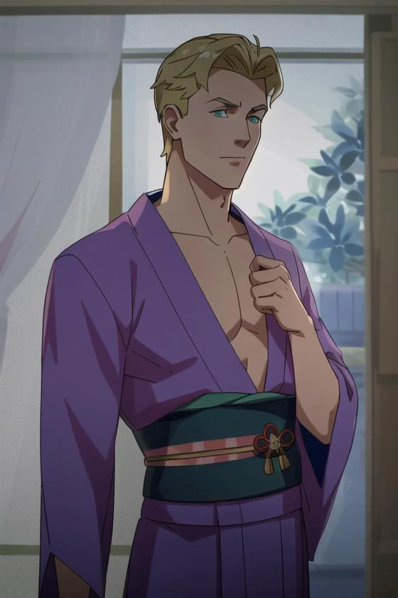 <lora:Invincible:0.75>, Invincible, masterpiece, best quality, 1boy, solo, male focus, blonde hair, pointy ears, japanese clothes, kimono, earrings, jewelry, blue eyes, yukata, alternate costume, upper body, closed mouth, sash, sidelocks, hand on own chest, bangs, obi, looking to the side, green kimono, green eyes, hand on own stomach, medium hair, long sleeves