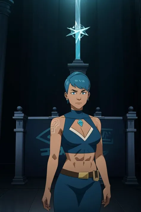 Invincible, (female focus:1.1), solo, upper body, (1girl:1.1), human, sorcerer, muscular, abs, biceps, (tan skin:1.1), pixie cut, blue hair, (tattoos:1.1), deep blue eyes, (scowling:0.8), half smile, aquamarine pendant, jewelry, dark blue sleeveless dress, midriff peek, cleavage cutout, belt, indoors, (crystals:0.9), (water:1.1), ice, ancient temple, ship's wheel, ocean, blue magic, stone altar, (runes:1.1), pillars, underwater, detailed background, DnD, <lora:Invincible:0.85>
