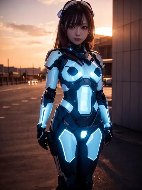 (best quality, masterpiece:1.2),ultra detailed,(photo realistic:1.4),mecha_girl, <lora:MechaGirl_v1:0.6>,(((body illumination:1.5))),full body,sunset_scenery_background, <lora:SunsetScenery_v1:0.7>,