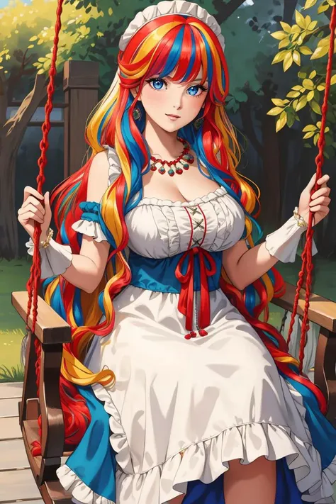 portrait, adult, woman, large breasts, wearing HUD_Rbw_Wg, multicolored wig, bangs, wearing a wearing a Beadwork Crepe lining (swing dress) in ((Regency fashion)), <lora:wig_test:0.55>, outdoors