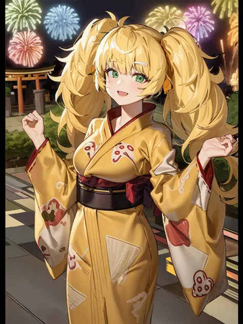 (extremely detailed CG unity 8k wallpaper),(masterpiece), (best quality), (ultra-detailed), (best illustration),(best shadow), (sharp eyeliner, eyeshadow, detailed eyes:1.1), (torii, fireworks:1.2)
,BREAK
(SAT8yukata:1.2), smiling, walking,
 <lora:SAT8:1>