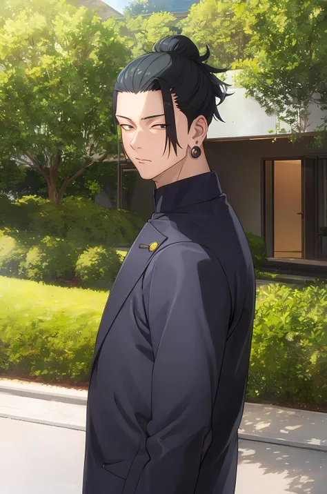 (masterpiece:1.2, best quality), (finely detailed beautiful eyes: 1.2),1man, 1boy, (extremely detailed CG unity 8k wallpaper, masterpiece, best quality, ultra-detailed, best shadow), (detailed background), (beautiful detailed face, beautiful detailed eyes), suguru geto , black jacket, high collar, gakuran, school uniform, , black eyes, earrings, male focus, looking at viewer,High contrast, (best illumination, an extremely delicate and beautiful),(simple backround, outdoors),