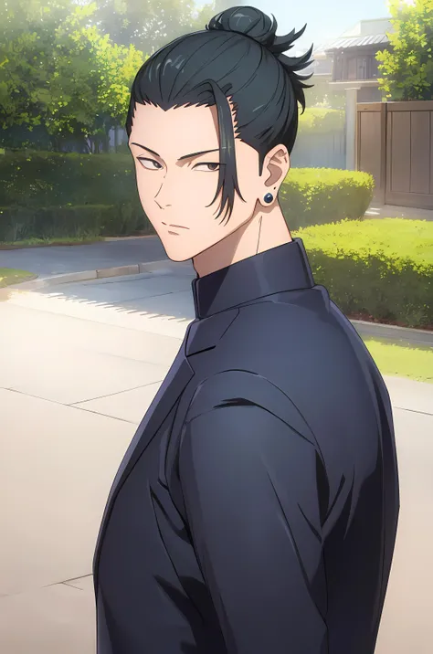 (masterpiece:1.2, best quality), (finely detailed beautiful eyes: 1.2),1man, 1boy, (extremely detailed CG unity 8k wallpaper, masterpiece, best quality, ultra-detailed, best shadow), (detailed background), (beautiful detailed face, beautiful detailed eyes), suguru geto , black jacket, high collar, gakuran, school uniform, , black eyes, earrings, male focus, looking at viewer,High contrast, (best illumination, an extremely delicate and beautiful),(simple backround, outdoors),