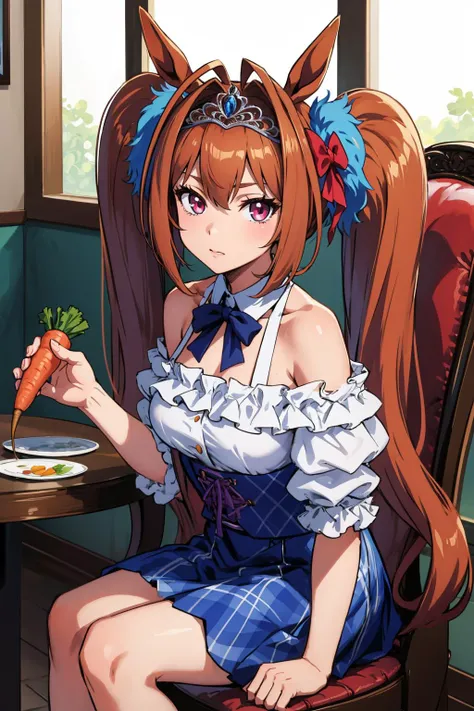 masterpiece, best quality, <lora:umamusume_daiwascarlet-10:1> daiwacasual, twintails, tiara, horse ears, frills, white shirt, off-shoulder shirt, blue skirt, plaid, horse tail, sitting, holding carrot, table, chair, looking at viewer