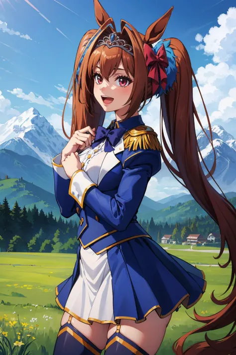 masterpiece, best quality, <lora:umamusume_daiwascarlet-10:1> daiwadef, twintails, tiara, horse ears, underbust, center frills, bowtie, epaulettes, long sleeves, skirt, thighhighs, horse tail, :D, field, sky, mountains