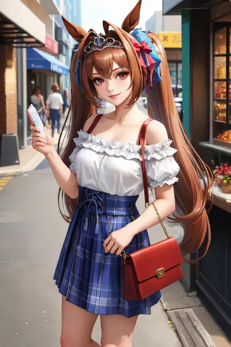 (masterpiece, best quality:1.2), solo focus, 1girl, daiwacasual, smile, looking at viewer, twintails, tiara, horse ears, frills, off-shoulder shirt, blue skirt, plaid, shoulder bag, horse tail, city sidewalk <lora:umamusume_daiwascarlet-10:1>