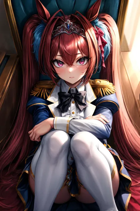 (masterpiece), best quality, (((ultra detailed, 8k quality))), expressive eyes, perfect face, perfect anatomy, perfect body, scene, <lora:scene_:0.7>, <lora:more_details:0.7>, <lora:beautiful_detailed_eyes:0.5>, <lora:GoodHands-beta2:0.7>, <lora:give_it_a_name:0.7>,
daiwadef, twintails, tiara, horse ears, underbust, center frills, bowtie, epaulettes, long sleeves, skirt, thighhighs, horse tail, <lora:umamusume_daiwascarlet-10:1>, sitting, thrones, squat, hugging own legs