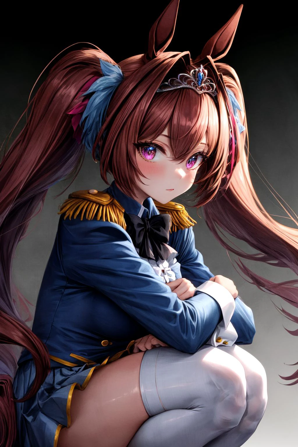 (masterpiece), best quality, (((ultra detailed, 8k quality))), expressive eyes, perfect face, perfect anatomy, perfect body, scene, <lora:scene_:0.7>, <lora:more_details:0.7>, <lora:beautiful_detailed_eyes:0.5>, <lora:GoodHands-beta2:0.7>, <lora:give_it_a_name:0.7>,
daiwadef, twintails, tiara, horse ears, underbust, center frills, bowtie, epaulettes, long sleeves, skirt, thighhighs, horse tail, <lora:umamusume_daiwascarlet-10:1>, squat, hugging own legs, from side, street,
