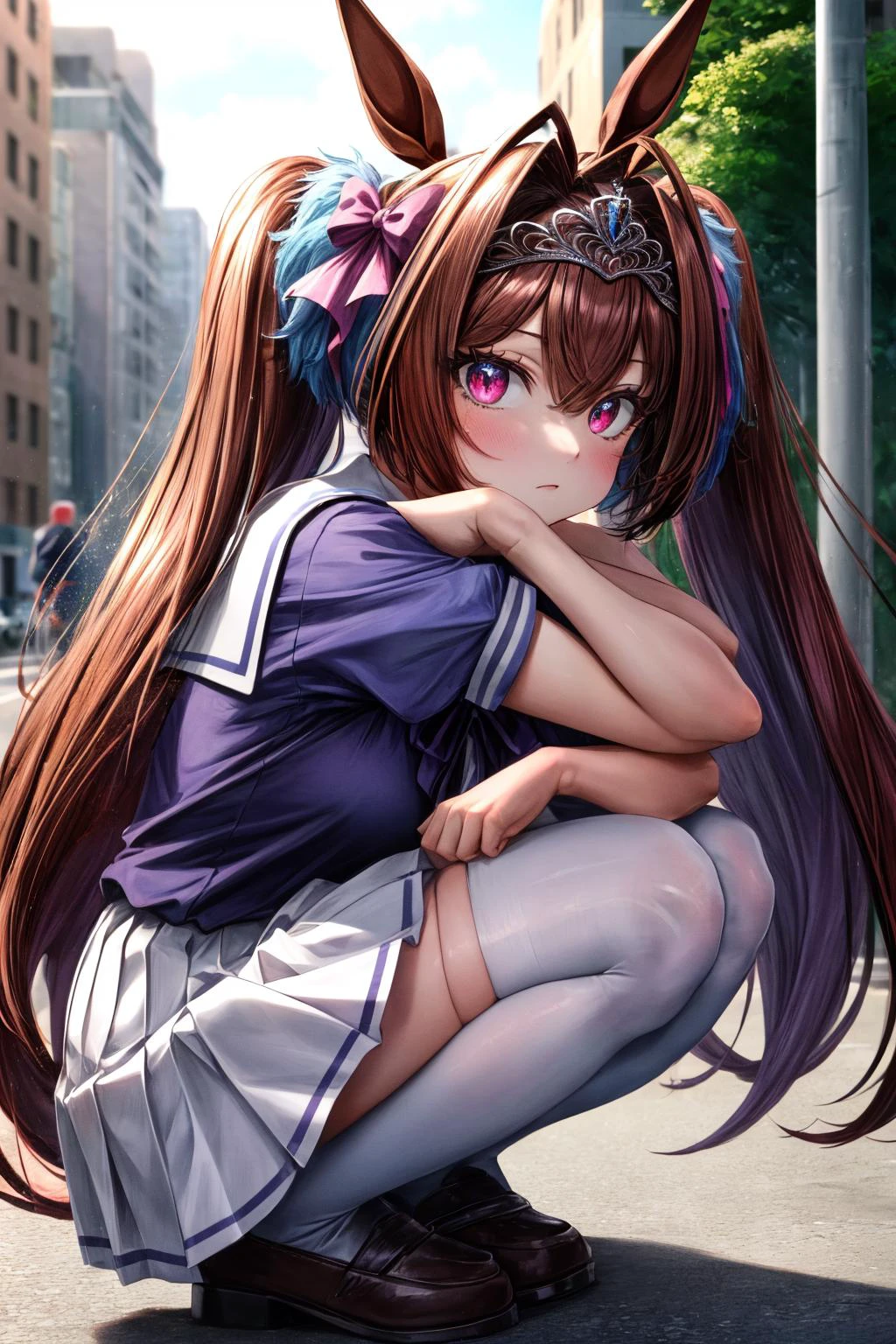 (masterpiece), best quality, (((ultra detailed, 8k quality))), expressive eyes, perfect face, perfect anatomy, perfect body, scene, <lora:scene_:0.7>, <lora:more_details:0.7>, <lora:beautiful_detailed_eyes:0.5>, <lora:GoodHands-beta2:0.7>, <lora:give_it_a_name:0.7>,
daiwatracen, twintails, tiara, horse ears, tracen school uniform, purple shirt, bow, puffy short sleeves, white skirt, white thighhighs, horse tail, <lora:umamusume_daiwascarlet-10:1>, squat, hugging own legs, from side, street, building,