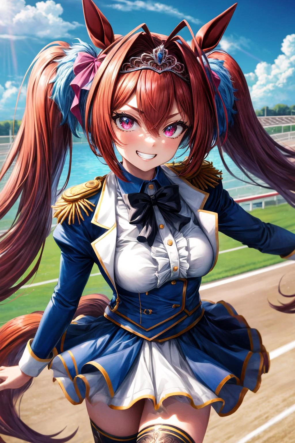 (masterpiece), best quality, (((ultra detailed, 8k quality))), expressive eyes, perfect face, perfect anatomy, perfect body, scene, <lora:scene_:0.7>, <lora:more_details:0.7>, <lora:beautiful_detailed_eyes:0.5>, <lora:GoodHands-beta2:0.7>, <lora:give_it_a_name:0.7>,
daiwadef, grin, running, twintails, tiara, horse ears, v-shaped eyebrows, underbust, center frills, bowtie, epaulettes, long sleeves, skirt, thighhighs, horse tail, racetrack <lora:umamusume_daiwascarlet-10:1>