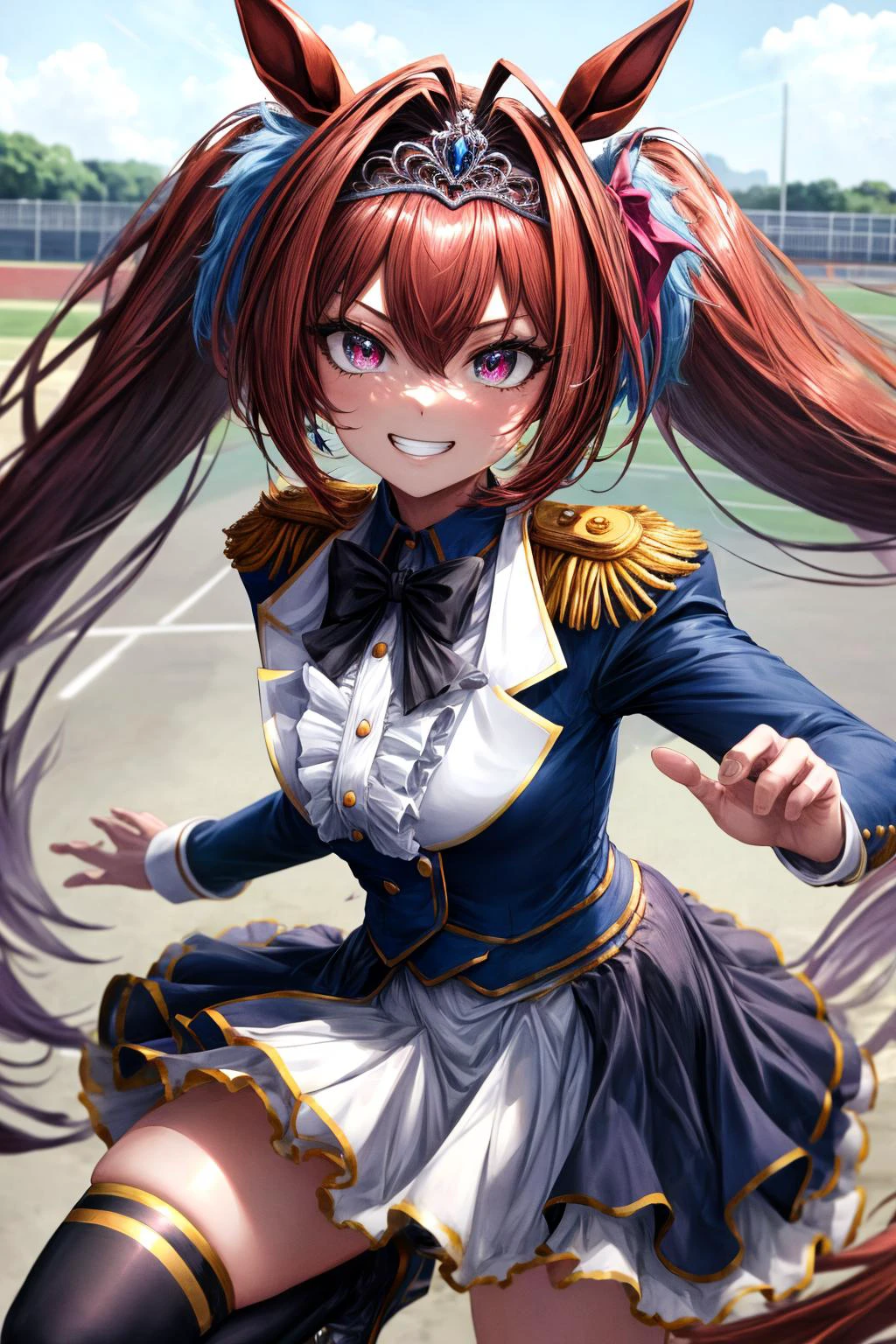 (masterpiece), best quality, (((ultra detailed, 8k quality))), expressive eyes, perfect face, perfect anatomy, perfect body, scene, <lora:scene_:0.7>, <lora:more_details:0.7>, <lora:beautiful_detailed_eyes:0.5>, <lora:GoodHands-beta2:0.7>, <lora:give_it_a_name:0.7>,
daiwadef, grin, twintails, tiara, horse ears, v-shaped eyebrows, underbust, center frills, bowtie, epaulettes, long sleeves, skirt, thighhighs, horse tail, racetrack <lora:umamusume_daiwascarlet-10:1>, squat
