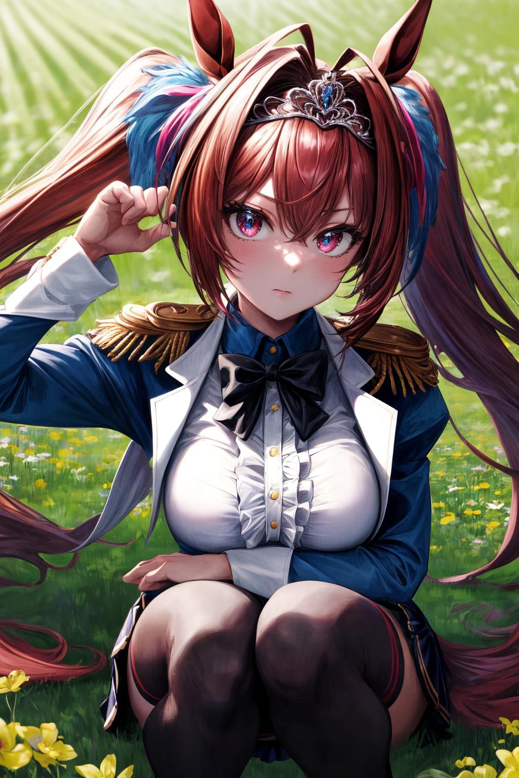 (masterpiece), best quality, (((ultra detailed, 8k quality))), expressive eyes, perfect face, perfect anatomy, perfect body, scene, <lora:scene_:0.7>, <lora:more_details:0.7>, <lora:beautiful_detailed_eyes:0.5>, <lora:GoodHands-beta2:0.7>, <lora:give_it_a_name:0.7>,
daiwadef, twintails, tiara, horse ears, underbust, center frills, bowtie, epaulettes, long sleeves, skirt, thighhighs, horse tail, <lora:umamusume_daiwascarlet-10:1>, squat, flower field