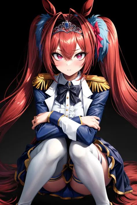 (masterpiece), best quality, (((ultra detailed, 8k quality))), expressive eyes, perfect face, perfect anatomy, perfect body, scene, <lora:scene_:0.7>, <lora:more_details:0.7>, <lora:beautiful_detailed_eyes:0.5>, <lora:GoodHands-beta2:0.7>, <lora:give_it_a_name:0.7>,
daiwadef, twintails, tiara, horse ears, underbust, center frills, bowtie, epaulettes, long sleeves, skirt, thighhighs, horse tail, <lora:umamusume_daiwascarlet-10:1>, squat, hugging own legs