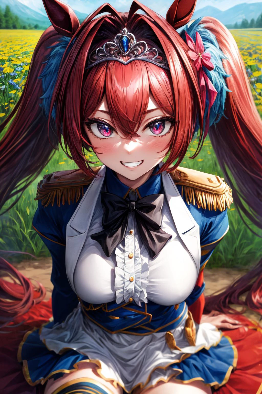(masterpiece), best quality, (((ultra detailed, 8k quality))), expressive eyes, perfect face, perfect anatomy, perfect body, scene, <lora:scene_:0.7>, <lora:more_details:0.7>, <lora:beautiful_detailed_eyes:0.5>, <lora:GoodHands-beta2:0.7>, <lora:give_it_a_name:0.7>,
daiwadef, grin, twintails, tiara, horse ears, underbust, center frills, bowtie, epaulettes, long sleeves, skirt, thighhighs, horse tail, <lora:umamusume_daiwascarlet-10:1>, squat, flower field