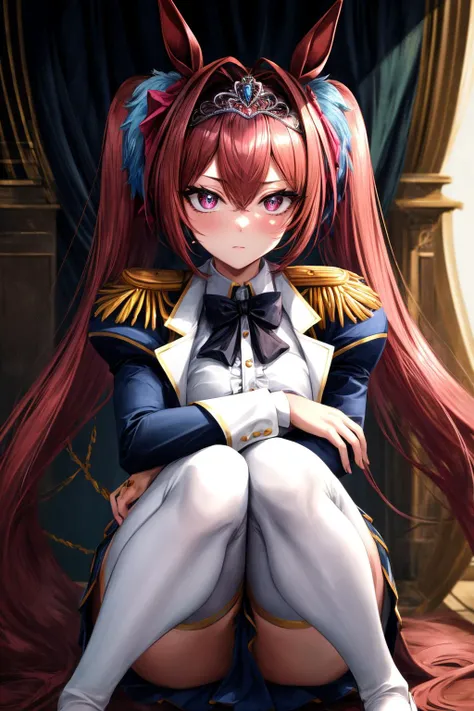 (masterpiece), best quality, (((ultra detailed, 8k quality))), expressive eyes, perfect face, perfect anatomy, perfect body, scene, <lora:scene_:0.7>, <lora:more_details:0.7>, <lora:beautiful_detailed_eyes:0.5>, <lora:GoodHands-beta2:0.7>, <lora:give_it_a_name:0.7>,
daiwadef, twintails, tiara, horse ears, underbust, center frills, bowtie, epaulettes, long sleeves, skirt, thighhighs, horse tail, <lora:umamusume_daiwascarlet-10:1>, sitting, thrones, squat, huggin_legs