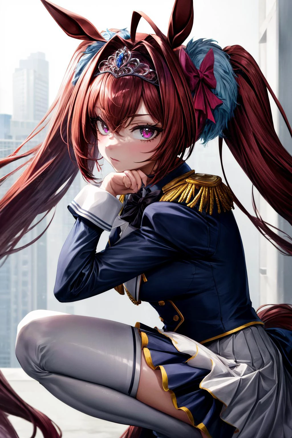(masterpiece), best quality, (((ultra detailed, 8k quality))), expressive eyes, perfect face, perfect anatomy, perfect body, scene, <lora:scene_:0.7>, <lora:more_details:0.7>, <lora:beautiful_detailed_eyes:0.5>, <lora:GoodHands-beta2:0.7>, <lora:give_it_a_name:0.7>,
daiwadef, twintails, tiara, horse ears, underbust, center frills, bowtie, epaulettes, long sleeves, skirt, thighhighs, horse tail, <lora:umamusume_daiwascarlet-10:1>, squat, hugging own legs, from side, street,