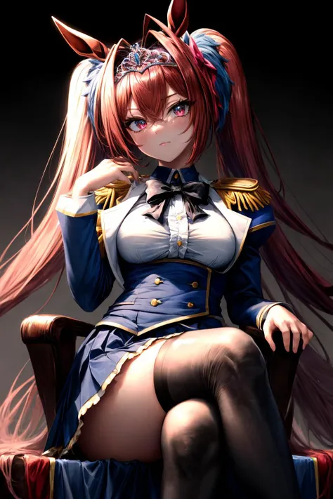 (masterpiece), best quality, (((ultra detailed, 8k quality))), expressive eyes, perfect face, perfect anatomy, perfect body, scene, <lora:scene_:0.7>, <lora:more_details:0.7>, <lora:beautiful_detailed_eyes:0.5>, <lora:GoodHands-beta2:0.7>, <lora:give_it_a_name:0.7>,
daiwadef, twintails, tiara, horse ears, underbust, center frills, bowtie, epaulettes, long sleeves, skirt, thighhighs, horse tail, <lora:umamusume_daiwascarlet-10:1>, sitting, thrones, crossed legs
