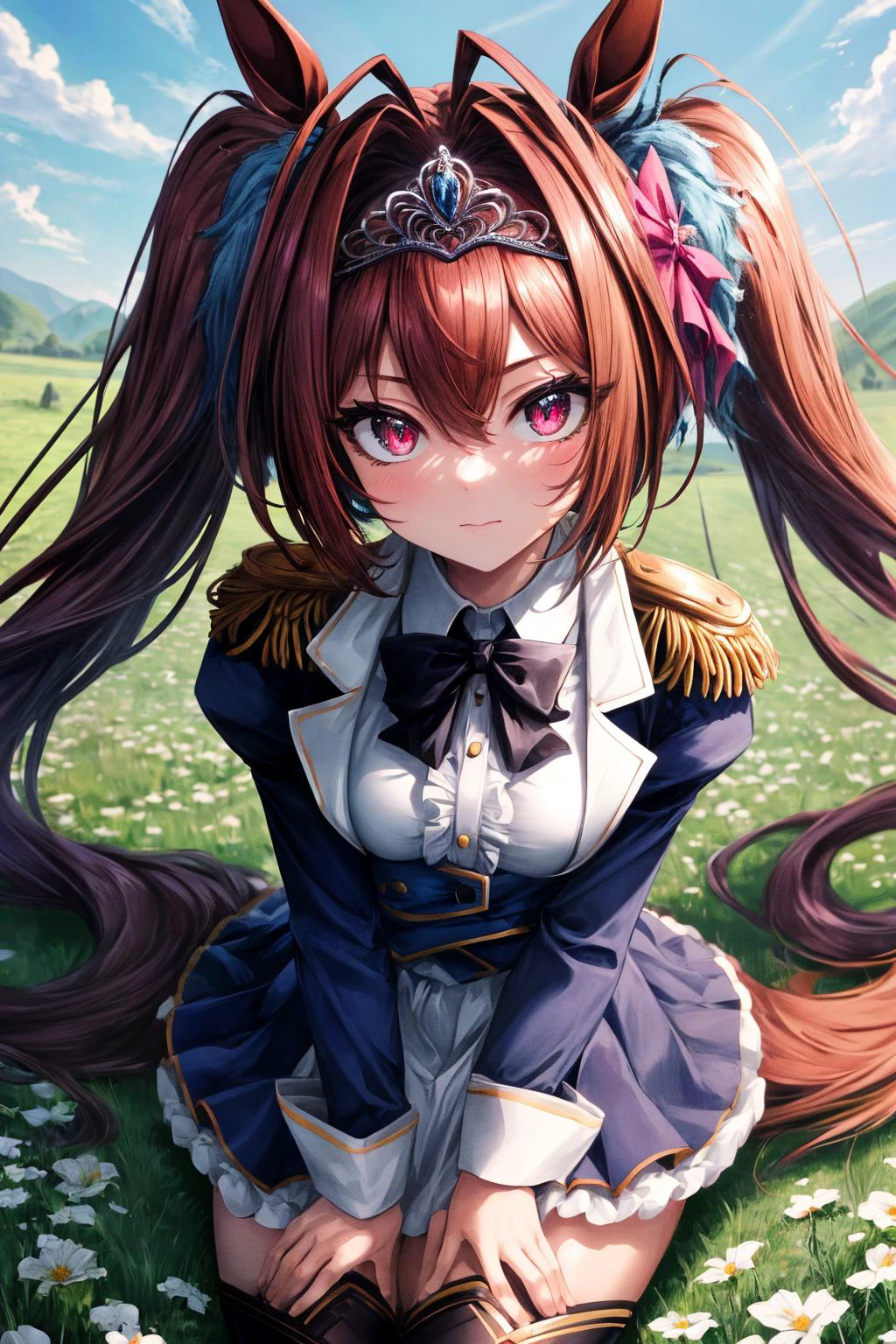 (masterpiece), best quality, (((ultra detailed, 8k quality))), expressive eyes, perfect face, perfect anatomy, perfect body, scene, <lora:scene_:0.7>, <lora:more_details:0.7>, <lora:beautiful_detailed_eyes:0.5>, <lora:GoodHands-beta2:0.7>, <lora:give_it_a_name:0.7>,
daiwadef, twintails, tiara, horse ears, underbust, center frills, bowtie, epaulettes, long sleeves, skirt, thighhighs, horse tail, <lora:umamusume_daiwascarlet-10:1>, squat, flower field