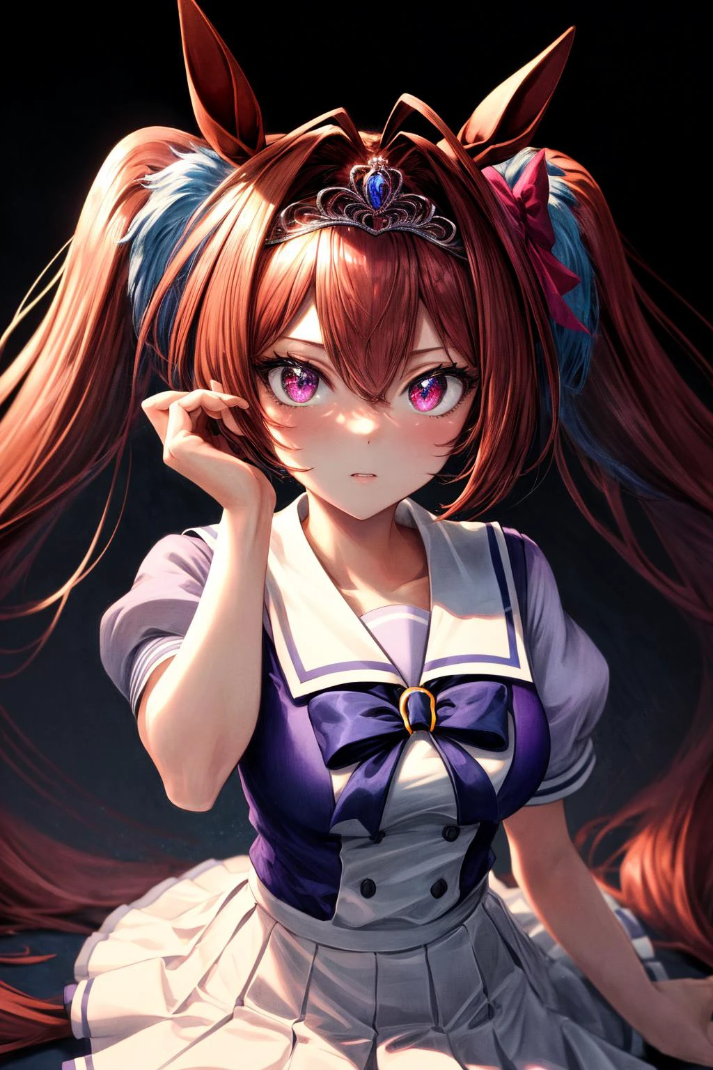 (masterpiece), best quality, (((ultra detailed, 8k quality))), expressive eyes, perfect face, perfect anatomy, perfect body, scene, <lora:scene_:0.7>, <lora:more_details:0.7>, <lora:beautiful_detailed_eyes:0.5>, <lora:GoodHands-beta2:0.7>, <lora:give_it_a_name:0.7>,
daiwatracen, twintails, tiara, horse ears, tracen school uniform, purple shirt, bow, puffy short sleeves, white skirt, white thighhighs, horse tail, <lora:umamusume_daiwascarlet-10:1>,