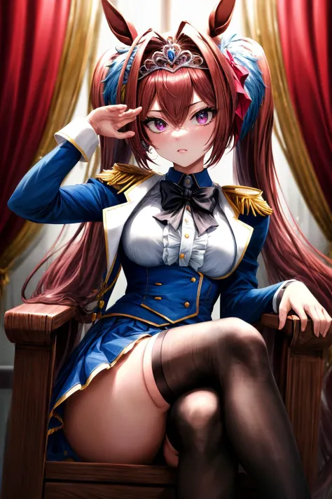 (masterpiece), best quality, (((ultra detailed, 8k quality))), expressive eyes, perfect face, perfect anatomy, perfect body, scene, <lora:scene_:0.7>, <lora:more_details:0.7>, <lora:beautiful_detailed_eyes:0.5>, <lora:GoodHands-beta2:0.7>, <lora:give_it_a_name:0.7>,
daiwadef, twintails, tiara, horse ears, underbust, center frills, bowtie, epaulettes, long sleeves, skirt, thighhighs, horse tail, <lora:umamusume_daiwascarlet-10:1>, sitting, thrones, crossed legs
