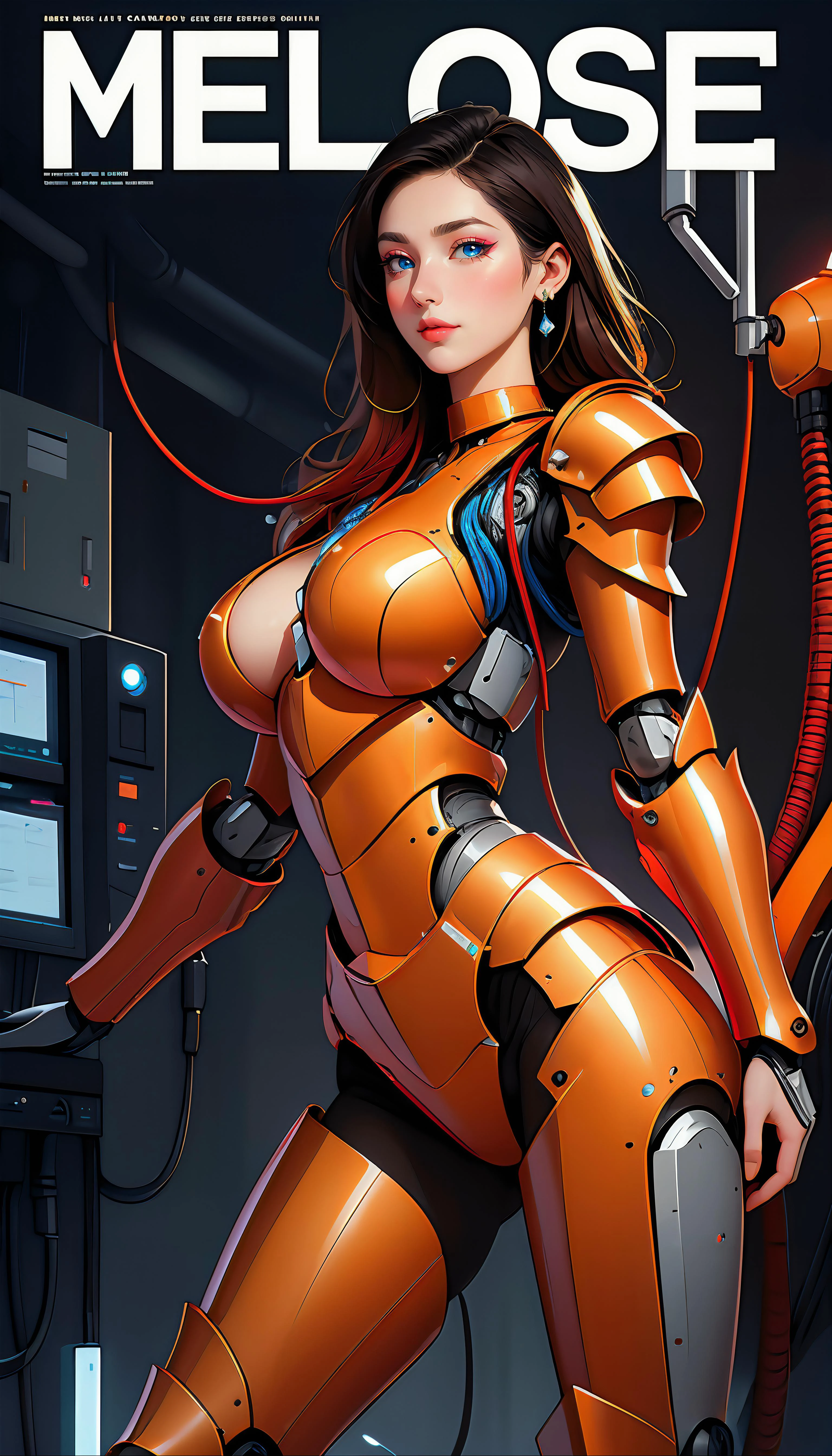 runWildcards_V10/Backgrounds-futuristic ADDCOMM
(masterpiece, realistic:1.3), (extremely intricate:1.2), (photorealistic:1.4), (extremely delicate), (ultra realistic:1.3), hyperrealistic photography, extremely detailed, edge quality, 8k resolution, UHD, HDR, RAW photo, dslr, realistic LUT, cinematic LUT, (best quality:1.3), absurdres, <lora:magof_addMoreDetailsExtra_v20:0.5>, <lora:jujoHotaru_hyperrefiner_v090:1>, <lora:envy_betterhands_beta2:1.2>, ADDBASE,
extremely detailed magazine cover-style digital painting, (magazine cover-style:1.3), adding a touch of fantasy to the scene, the text on the cover should be bold and attention-grabbing, with the title of the magazine and a catchy headline, the overall style should be modern and trendy, with a focus on fashion and fantasy, helvetica-bold ADDROW
(pale skin, detailed skin:1.3, glossy skin + shiny skin:1.1, bright front face lighting), exquisite stud earrings, necklace, lace choker, gigantic breasts, perfect hands, perfect fingers, skinny body, fit body, slim, narrow waist, narrow hip, slim legs, long legs, dynamic pose, from below, low angle view, <lora:shraffekyu_collectionOfOCsPart2_nanaseCapua:0.7>, MNarutoxAura, long hair, red hair, bare shoulders, (orange armor:1.4), robot joints, science fiction, (machine made joints:1.2), ((machanical limbs, mechanical cervial attaching to neck)), (vessels connected to tubes, mechanical vertebra attaching to back, character focus), expressionless, (wires and cables attaching to neck:1.2), (wires and cables on head:1.2),