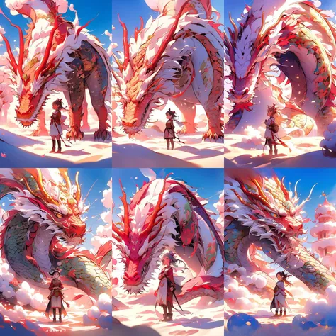 a girl, she stands over a dragon, a dragon made of sand, dust flies from the dragon, <lora:DragonCute:0.9>