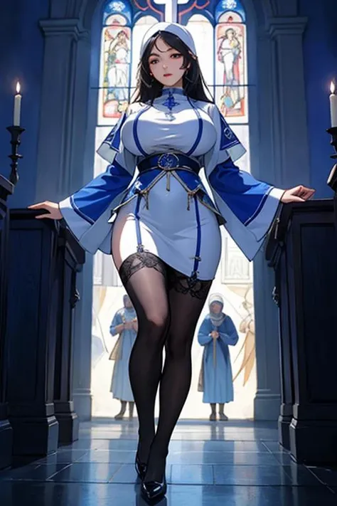 :old religious painting: :huge sagging breasts: :church mural: :oily skin: :stockings: :ultra-high quality: :( ultra detailed original illustration): :a dreamscape aesthetic in Cobalt blue theme atmosphere: