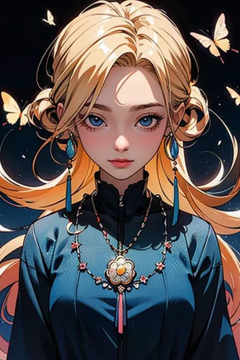 anime opening,(woman),solo,a dreamscape aesthetic in Cobalt blue theme atmosphere,mosaic background,happy,floral,(wallpaper style), trailer,cinematic,screencap,still shot,true perception,comfortable, (masterpiece:1.1),(highest quality:1.1),(HDR:1),ambient light,ultra-high quality,( ultra detailed original illustration),(1girl, upper body),((harajuku fashion)),((flowers with human eyes, flower eyes)),double exposure,fusion of fluid abstract art,glitch,(original illustration composition),(fusion of limited color, maximalism artstyle, geometric artstyle, butterflies, junk art), masterpiece,best quality,ultra high res,dark skinned African girl,(fractal art:1.3),deep shadow,dark theme,fully clothed,necklace,forlorn,cowboy shot,