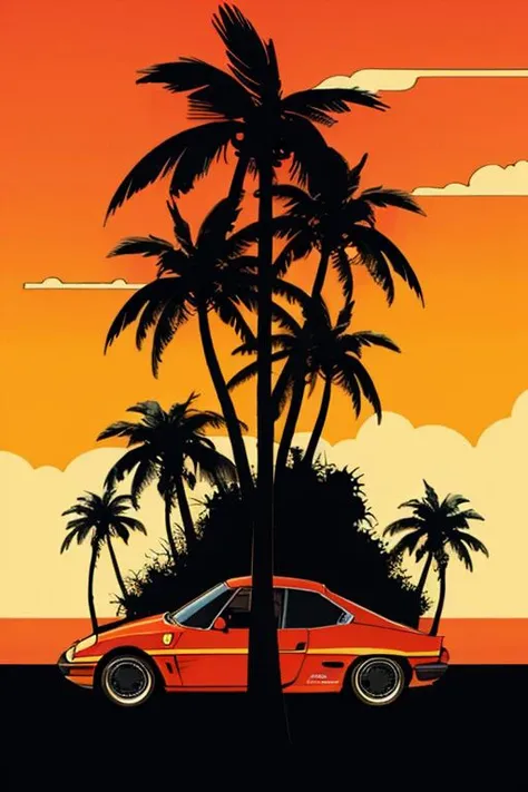 Miami, sunset, Ferrari, palm tree, 90's, (flat colors, flat texture, lineart:1.2), graphical design, (heavy ink, ink blacks),