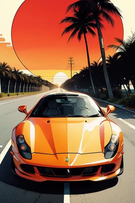 Miami, sunset, Ferrari, palm tree, 90's, (flat colors, flat texture, lineart:1.2), graphical design, (heavy ink, ink blacks), <lora:FINAL Robort:0.5>