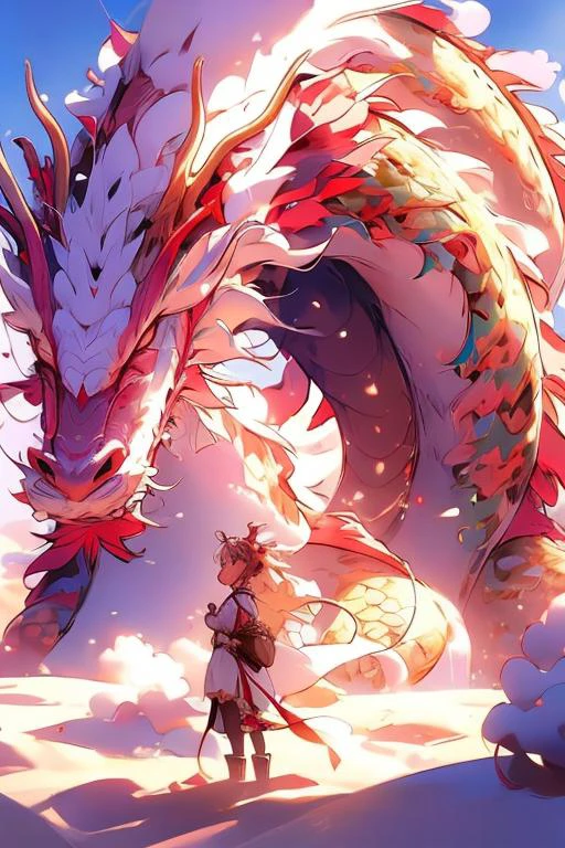 a girl, she stands over a dragon, a dragon made of sand, dust flies from the dragon, <lora:DragonCute:0.9>