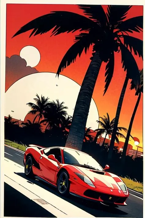 Miami, sunset, Ferrari, palm tree, 90's, (flat colors, flat texture, lineart:1.2), graphical design, (heavy ink, ink blacks),