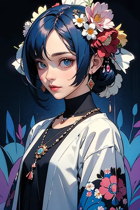 anime opening,(woman),solo,a dreamscape aesthetic in Cobalt blue theme atmosphere,mosaic background,happy,floral,(wallpaper style), trailer,cinematic,screencap,still shot,true perception,comfortable, (masterpiece:1.1),(highest quality:1.1),(HDR:1),ambient light,ultra-high quality,( ultra detailed original illustration),(1girl, upper body),((harajuku fashion)),((flowers with human eyes, flower eyes)),double exposure,fusion of fluid abstract art,glitch,(original illustration composition),(fusion of limited color, maximalism artstyle, geometric artstyle, butterflies, junk art), masterpiece,best quality,ultra high res,dark skinned African girl,(fractal art:1.3),deep shadow,dark theme,fully clothed,necklace,forlorn,cowboy shot,