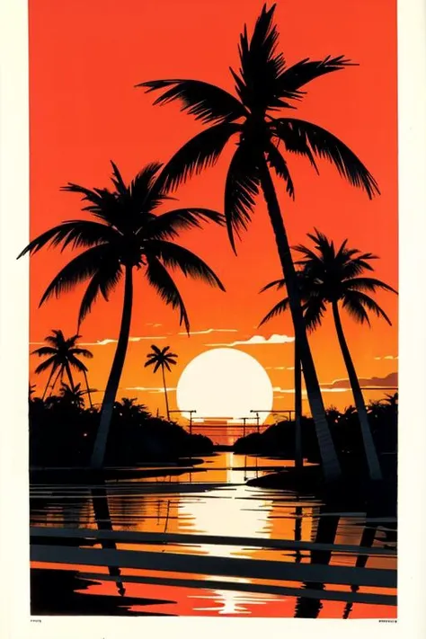 Miami, sunset, Ferrari, palm tree, 90's, (flat colors, flat texture, lineart:1.2), graphical design, (heavy ink, ink blacks),