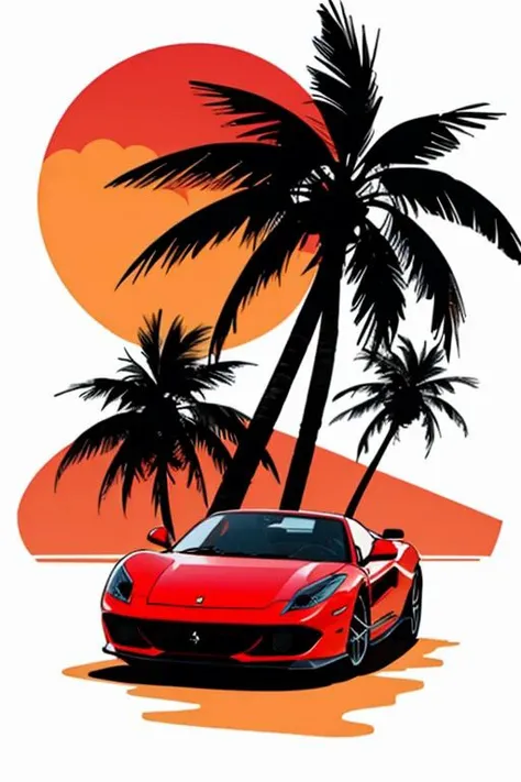 Miami, sunset, Ferrari, palm tree, 90's, (flat colors, flat texture, lineart:1.2), graphical design, (heavy ink, ink blacks),