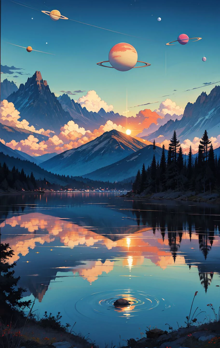 lake, blue sky, cloud, cloudy sky, horizon, mountain, mountainous horizon, nature, no humans, ocean, outdoors, scenery, sky, sunset, pine tree, vegetation, water, multiple planets, serenity
<lora:20240109-1704806059036:0.8> surreal, surrealism, zen, depth of field <lora:AstrAnime_RETRO:0.5> retro, vintage, 90s