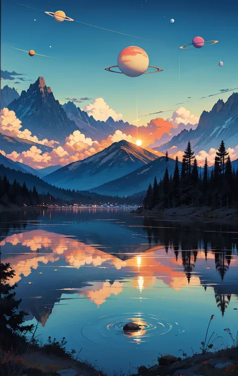 lake, blue sky, cloud, cloudy sky, horizon, mountain, mountainous horizon, nature, no humans, ocean, outdoors, scenery, sky, sunset, pine tree, vegetation, water,  multiple planets, serenity
<lora:20240109-1704806059036:0.8> surreal, surrealism, zen, depth of field <lora:AstrAnime_RETRO:0.5> retro, vintage, 90s