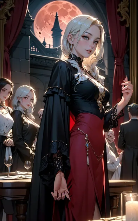 ([style of Frank Hong:style of Zac Retz:0.5]:1.5),(isometric 3d render soft lighting, style of Ilya Kuvshino, [OverallDetail:HairDetail fHandDetail SkinDetail :0.7]:1.3),  (aelaine_noexist:1.2), (Layered Depth, Parallax Effect, Soft focus foreground,painted background1.5),  (perfect seductive young woman Attending a Secret Gathering in a Vampire Society:1.3) opulent, clandestine gathering of vampires in a Gothic mansion, rich with velvet draperies and ancient artifacts, under the light of a blood moon.