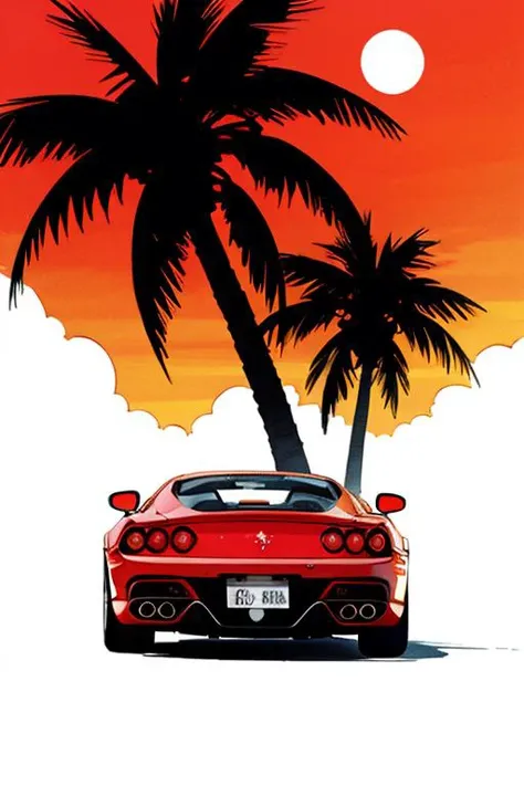 Miami, sunset, Ferrari, palm tree, 90's, (flat colors, flat texture, lineart:1.2), graphical design, (heavy ink, ink blacks),