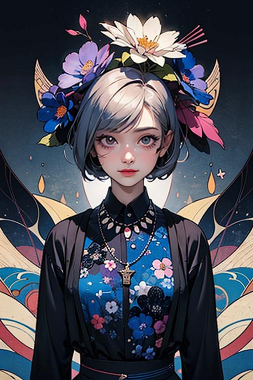 A woman with a flower crown on her head standing in front of a painting ...