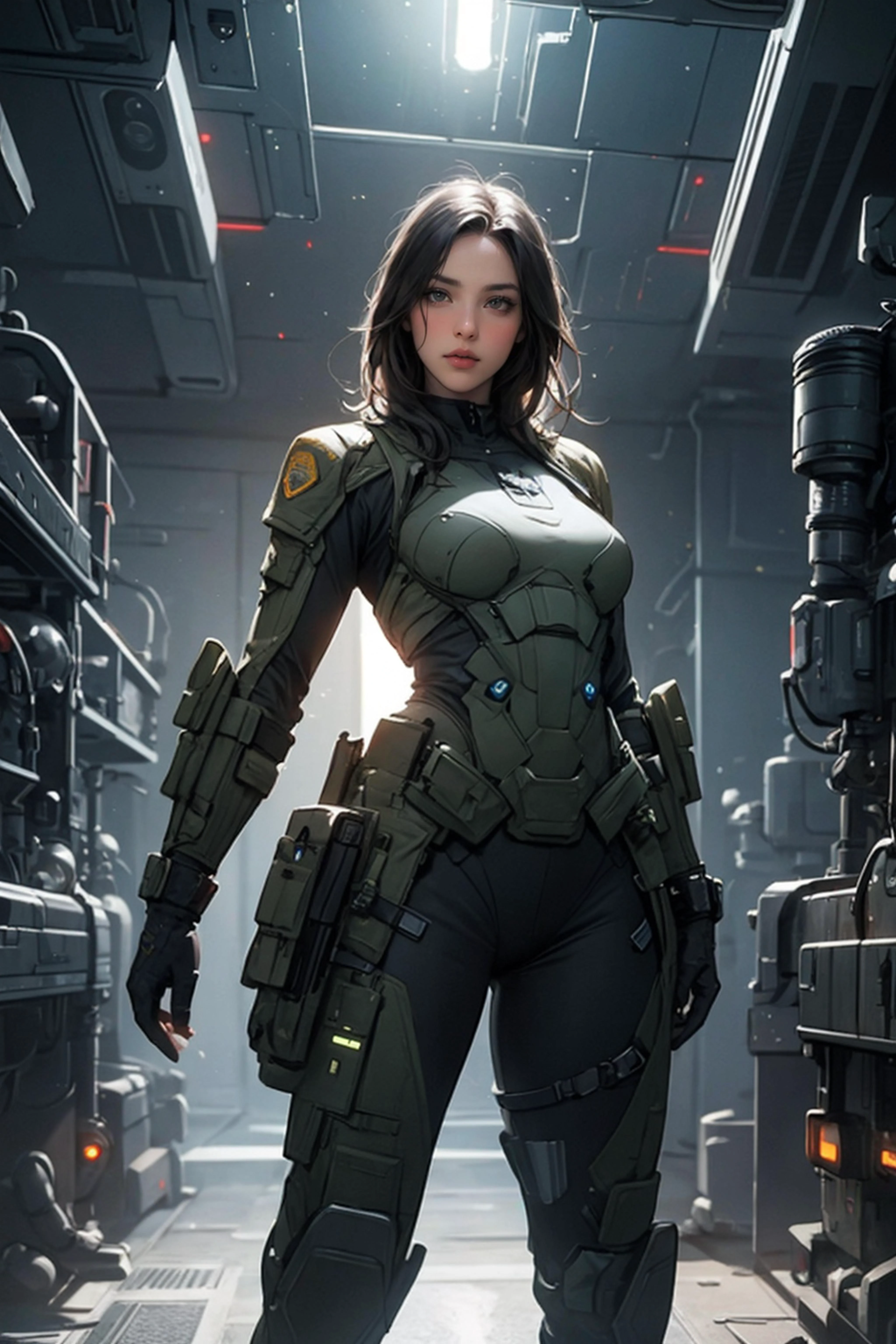 (best quality, realistic, detailed), a woman, female soldier, dynamic pose, (science fiction:1.4), volumetric lighting, caustics