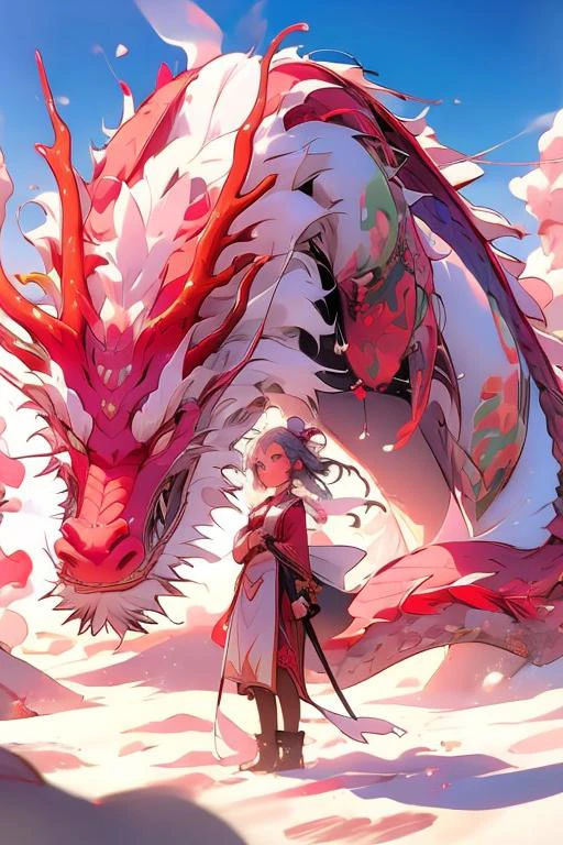 a girl, she stands over a dragon, a dragon made of sand, dust flies from the dragon, <lora:DragonCute:0.9>