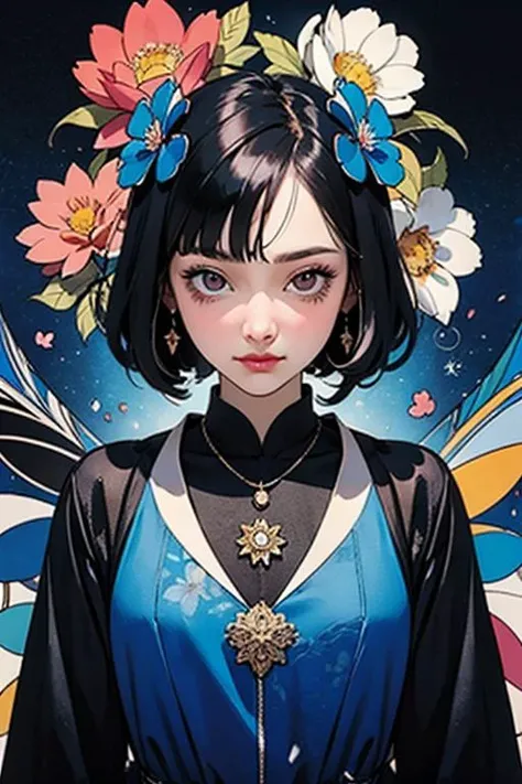 anime opening,(woman),solo,a dreamscape aesthetic in Cobalt blue theme atmosphere,mosaic background,happy,floral,(wallpaper style), trailer,cinematic,screencap,still shot,true perception,comfortable, (masterpiece:1.1),(highest quality:1.1),(HDR:1),ambient light,ultra-high quality,( ultra detailed original illustration),(1girl, upper body),((harajuku fashion)),((flowers with human eyes, flower eyes)),double exposure,fusion of fluid abstract art,glitch,(original illustration composition),(fusion of limited color, maximalism artstyle, geometric artstyle, butterflies, junk art), masterpiece,best quality,ultra high res,dark skinned African girl,(fractal art:1.3),deep shadow,dark theme,fully clothed,necklace,forlorn,cowboy shot,